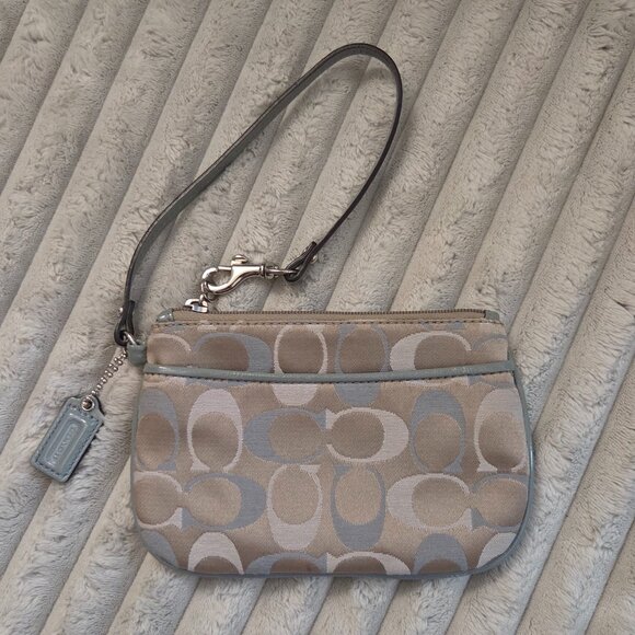 Coach Signature Canvas Wristlet Light Blue and Tan - Picture 1 of 5